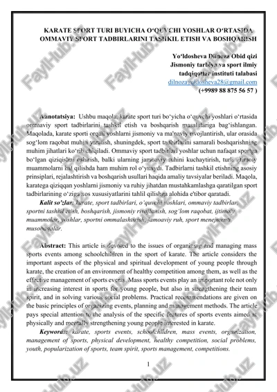 karate sport turi buyicha oʻquvchi yoshlar oʻrtasida ommaviy sport tadbirlarini tashkil etish va boshqarish — DOCX