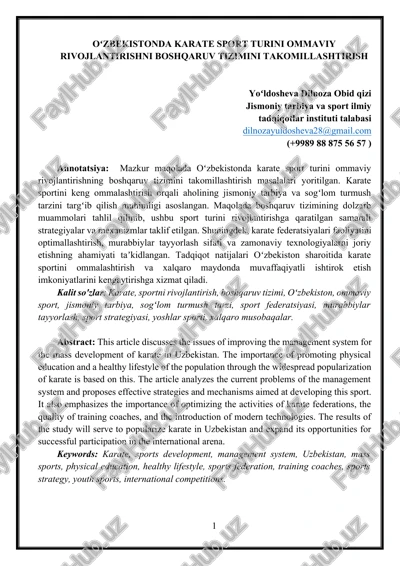 oʻzbekistonda karate sport turini ommaviy rivojlantirishni boshqaruv tizimini takomillashtirish — DOCX