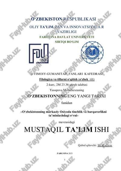o‘zbekistonning markaziy osiyoda tinchlik va barqarorlikni taʼminlashdagi oʻrni — PDF
