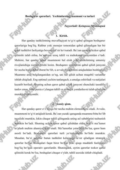boshqaruv qarorlari. yechimlarning mazmuni va turlari — DOCX