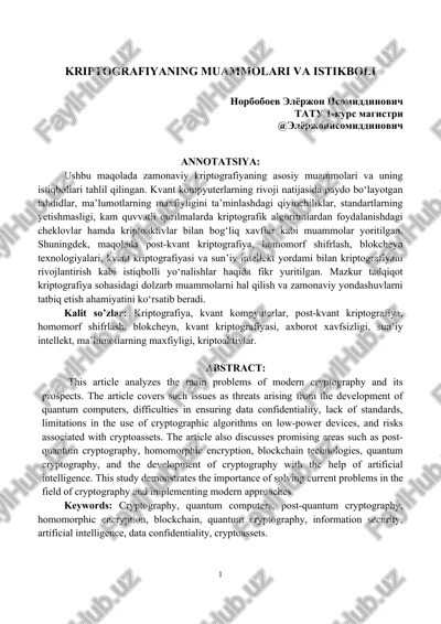 kriptografiyaning muammolari va istikboli — DOCX