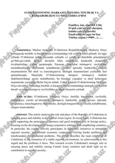 oʻzbekistonning markaziy osiyoda tinchlik va barqarorlikni taʼminlashda oʻrni — DOCX