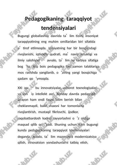 pedagogikaning taraqqiyot tendensiyalari — DOCX