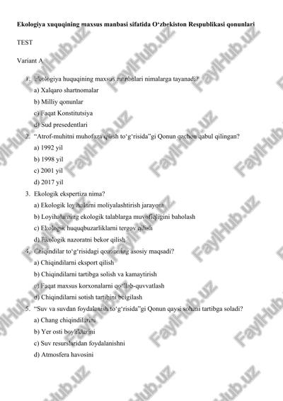 ekologiya huquqining asoslari test savollari — DOCX