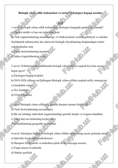 biologik xilma-xillik tushunchasi va turlari (ekologiya huquqi asosida) — DOCX