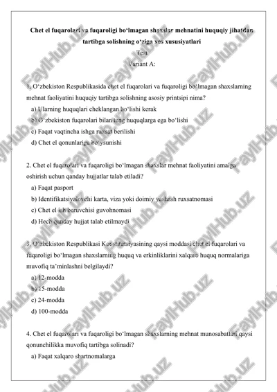 chet el fuqarolari va fuqaroligi bo‘lmagan shaxslar mehnatini huquqiy jihatdan tartibga solishning o‘ziga xos xususiyatlari — DOCX