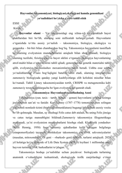 hayvonlar taksonomiyasi, biologiyasi, ekologiyasi hamda genomikasi yo‘nalishlari — DOCX