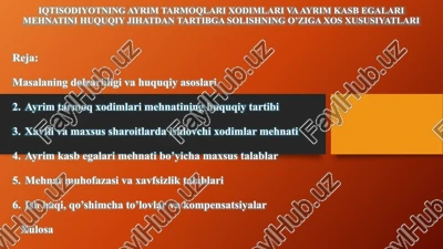 iqtisodiyotning ayrim tarmoqlari xodimlari va ayrim kasb egalari mehnatini huquqiy jihatdan tartibga solishning o’ziga xos xususiyatlari — PPTX
