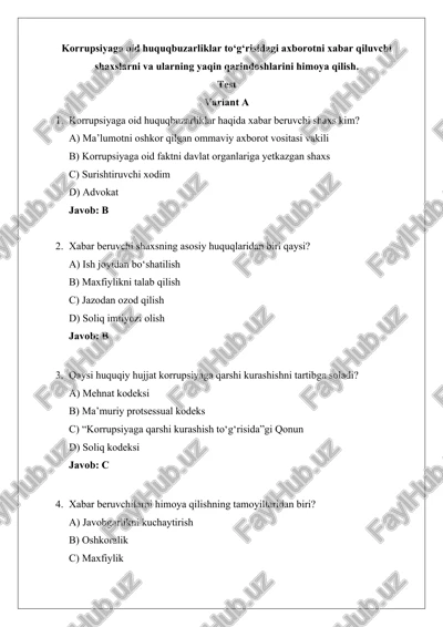 korrupsiyaga oid huquqbuzarliklar haqida test variant — DOCX