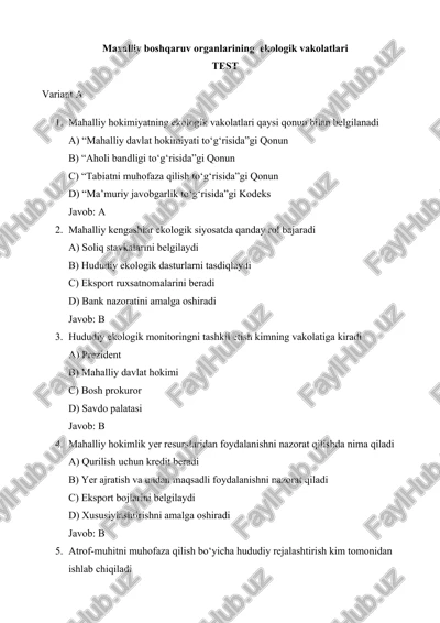 mahalliy boshqaruv organlarining ekologik vakolatlari — DOCX