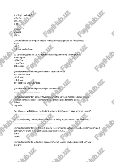 ijtimoiy tarmoqlar anketa testi — DOCX