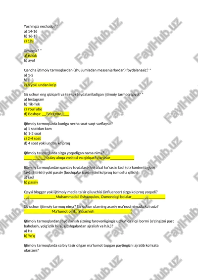 test ijtimoiy tarmoq boʻyicha — DOCX