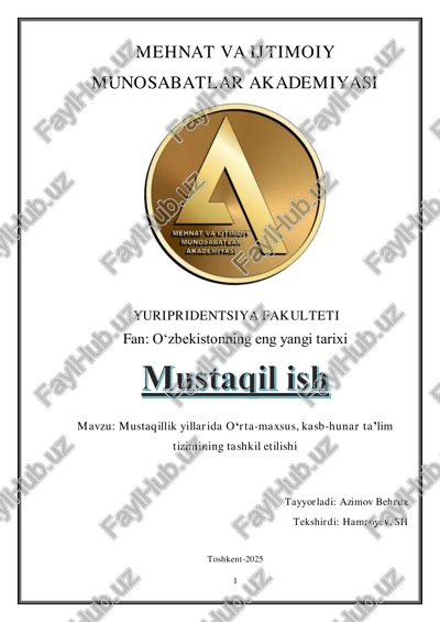 mustaqillik yillarida o‘rta-maxsus, kasb-hunar ta’lim tizimining tashkil etilishi — PDF