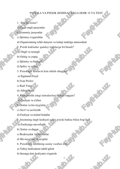 psixika va psixik hodisalarga doir 15 ta test — PDF