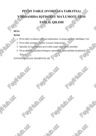 pivot table (svodnaya tablitsa) yordamida iqtisodiy ma'lumotlarni tahlil qilish — DOCX