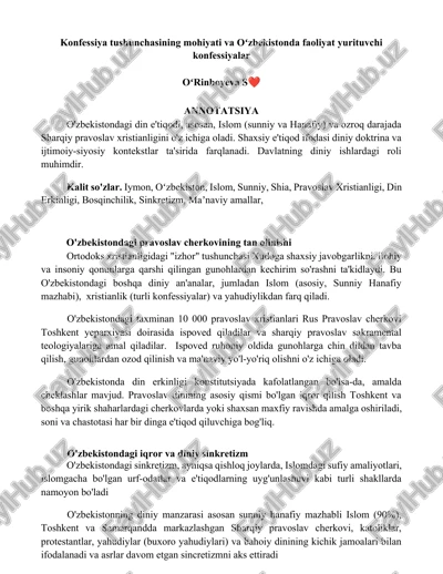 konfessiya tushunchasining mohiyati va oʻzbekistonda faoliyat yurituvchi konfessiyalar — DOCX
