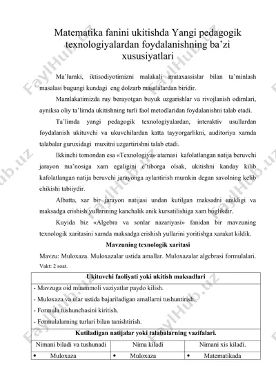 matematika fanini uqitishda yangi pedagogik texnologiyalardan foydalanishning ba’zi xususiyatlari — DOC