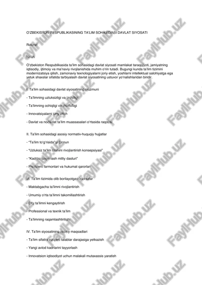 o‘zbekiston respublikasining ta’lim sohasidagi davlat siyosati referat — PDF