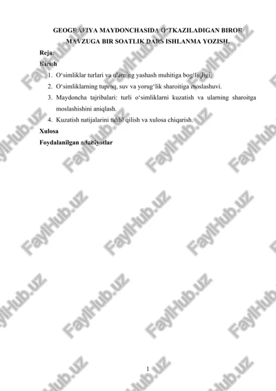 geografiya maydonchasida o'tkaziladigan biror mavzu — DOCX