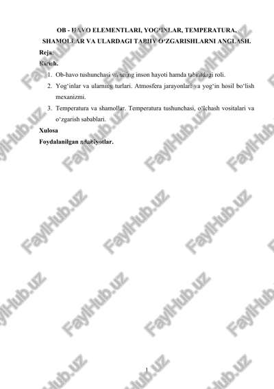 ob - havo elementlari, yogʻinlar, temperatura, shamollar va ulardagi tabiiy oʻzgarishlarni anglash — DOCX