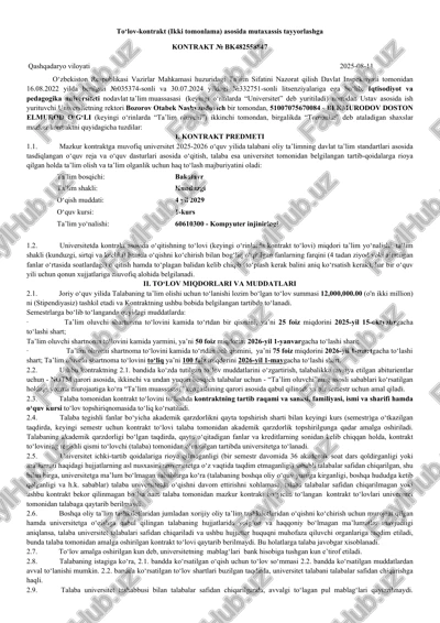 to‘lov-kontrakt (ikki tomonlama) asosida mutaxassis tayyorlashga — PDF