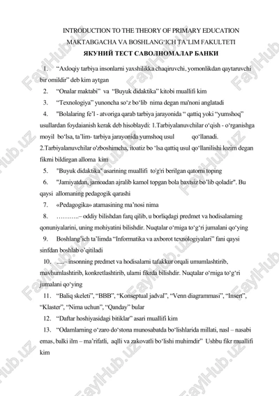yakuniy test savolnomalar banki — PDF