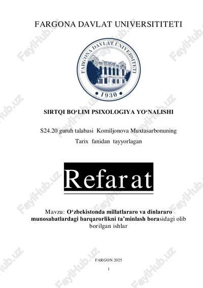 refarat on oʻzbekistonda millatlararo va dinlararo munosabatlardagi barqarorlikni taʼminlash — PDF