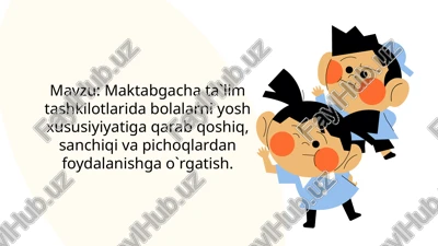 maktabgacha ta`lim tashkilotlarida bolalarni yosh xususiyiyatiga qarab qoshiq, sanchiqi va pichoqlardan foydalanishga o`rgatish. — PPTX