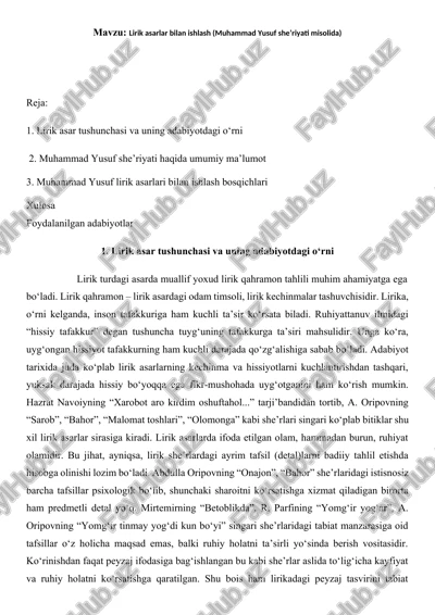 lirik asarlar bilan ishlash (muhammad yusuf she’riyati misolida) — DOCX