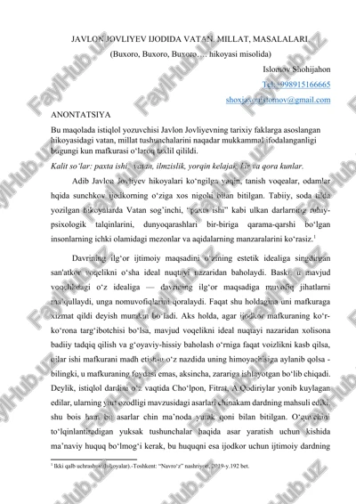 javlon jovliyev ijodida vatan, millat, masalalari. — DOCX