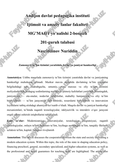 zamonaviy ta’lim tizimini yaratishda davlat va jamiyat hamkorligi — DOCX