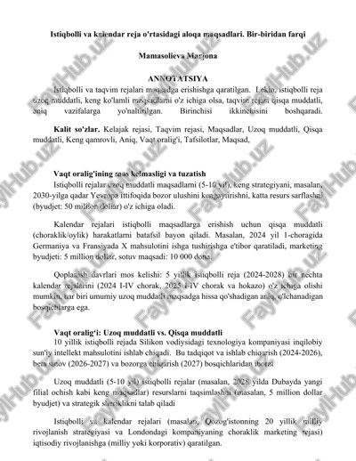 istiqbolli va kalendar reja o'rtasidagi aloqa maqsadlari — DOCX