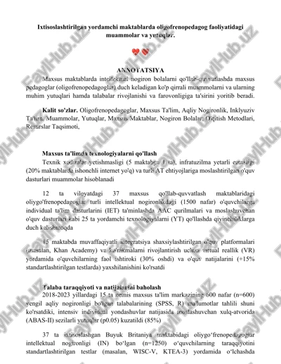 maxsus ta'limda oligofrenopedagoglar faoliyatidagi muammolar va yutuqlar — DOCX