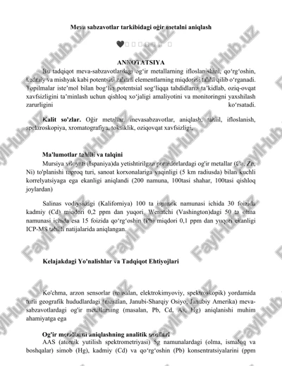 meva sabzavotlar tarkibidagi oģir metalni aniqlash — DOCX