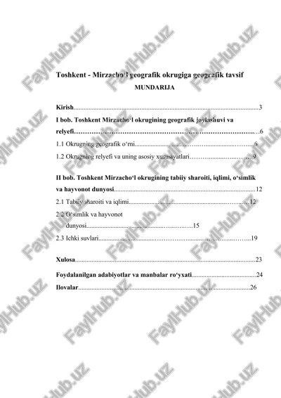 toshkent - mirzacho‘l geografik okrugiga geografik tavsif. kurs ishi — DOCX