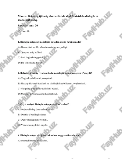 bolaning ijtimoiy shaxs sifatida shakilantrishda diologik va monologik nutq — DOCX