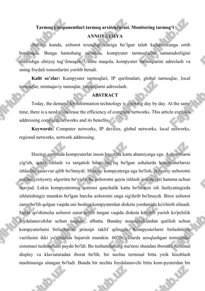 tarmoq kompanentlari tarmoq arxitekturasi. monitoring tarmogʻi — DOCX