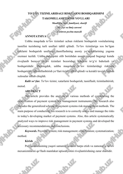 to‘lov tizimlaridagi risklarni boshqarishni takomillashtirish yo‘llari — DOCX