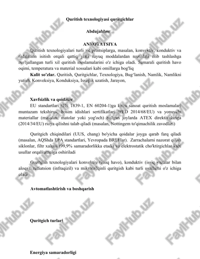 quritish texnologiyasi quritgichlar — DOCX
