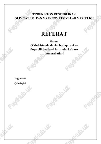 o'zbekistonda davlat boshqaruvi va fuqarolik jamiyati institutlari o'rtasidagi munosabatlar — DOCX
