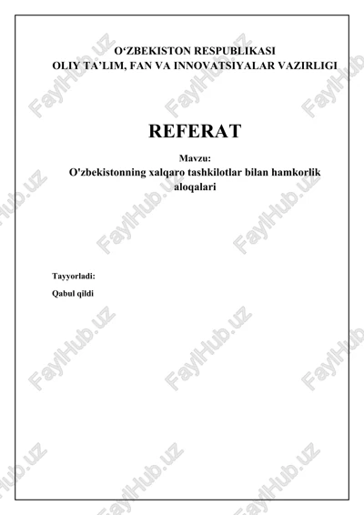 o'zbekistonning xalqaro tashkilotlar bilan hamkorlik aloqalari — DOCX