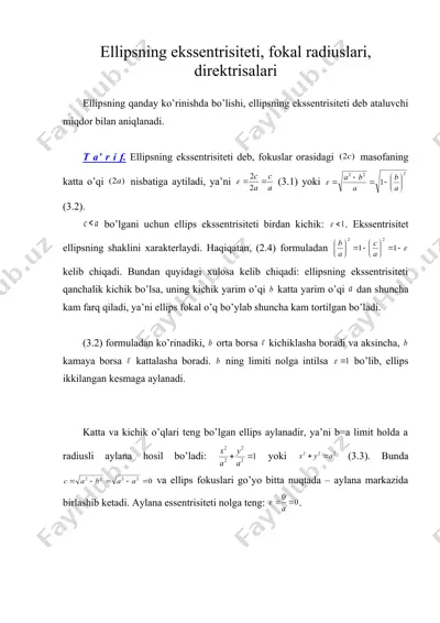 ellipsning ekssentrisiteti, fokal radiuslari, direktrisalari — DOC