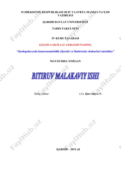 qashqadaryoda hunarmandchilik (qarshi va shahrisabz shaharlari misolida) — DOC
