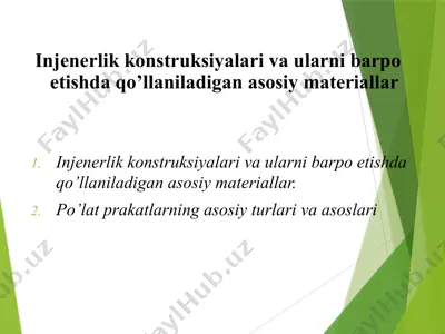 injenerlik konstruksiyalari va ularni barpo etishda qo’llaniladigan asosiy materiallar — PPTX