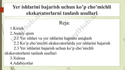 yer ishlarini bajarish uchun ko’p cho’michli ekskavatorlarni tanlash usullari 2 — PPTX
