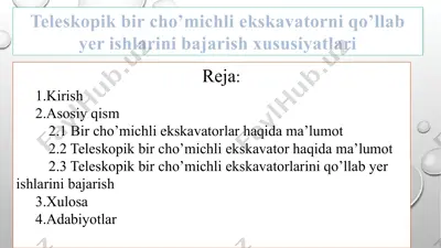 teleskopik bir cho’michli ekskavatorni qo’llab yer ishlarini bajarish xususiyatlari 2 — PPTX