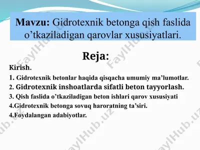 gidrotexnik betonga qish faslida o’tkaziladigan qarovlar xususiyatlari 3 — PPTX