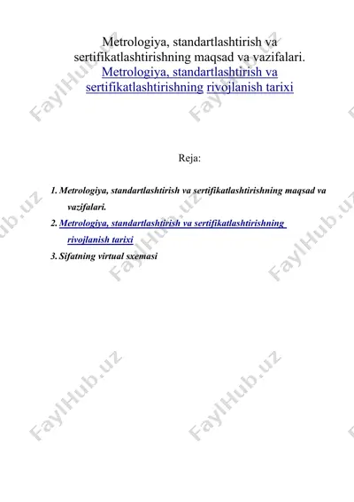 metrologiya, standartlashtirish va sertifikatlashtirishning maqsad va vazifalari. metrologiya, standartlashtirisha sertifikatlashtirishning rivojlanish tarixi v — DOC