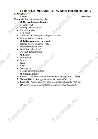 referat, mustaqil ish va kurs ishlari yozib beraman — PDF