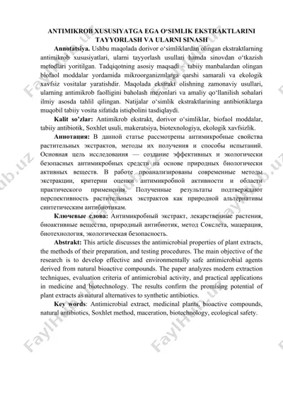 antimikrob xususiyatga ega o‘simlik ekstraktlarini tayyorlash va ularni sinash — DOC